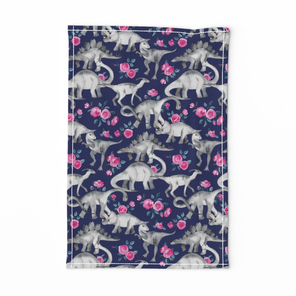 Dinosaurs and Roses on Dark Blue Purple