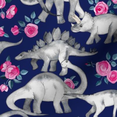 Dinosaurs and Roses on Dark Blue Purple