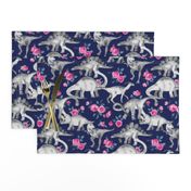 Dinosaurs and Roses on Dark Blue Purple