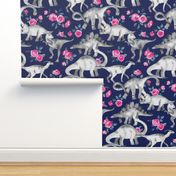 Dinosaurs and Roses on Dark Blue Purple