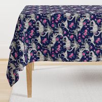 Dinosaurs and Roses on Dark Blue Purple