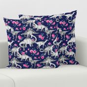 Dinosaurs and Roses on Dark Blue Purple