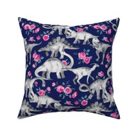 Dinosaurs and Roses on Dark Blue Purple