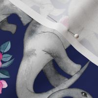 Dinosaurs and Roses on Dark Blue Purple