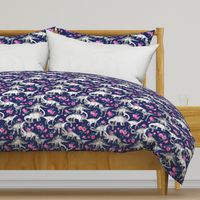 Dinosaurs and Roses on Dark Blue Purple