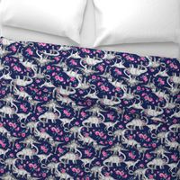 Dinosaurs and Roses on Dark Blue Purple