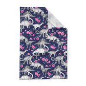 Dinosaurs and Roses on Dark Blue Purple