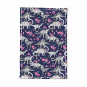 Dinosaurs and Roses on Dark Blue Purple