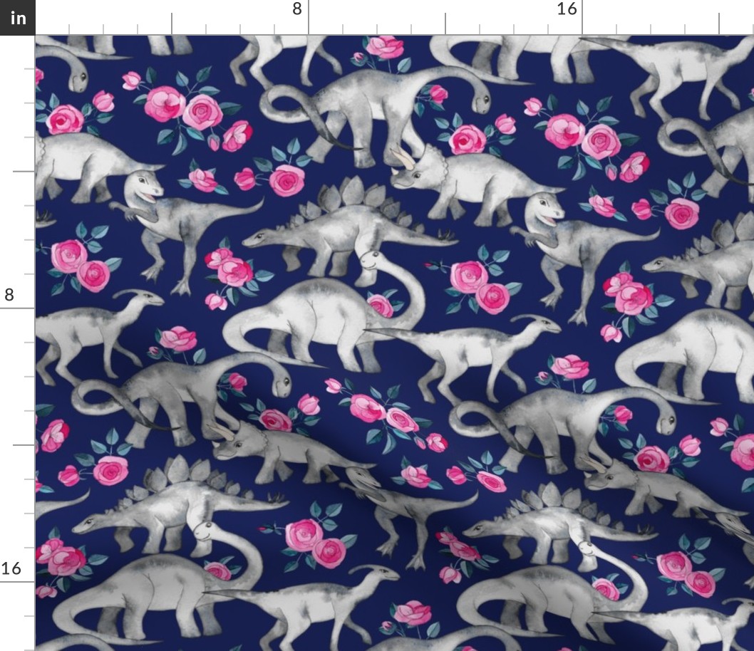 Dinosaurs and Roses on Dark Blue Purple