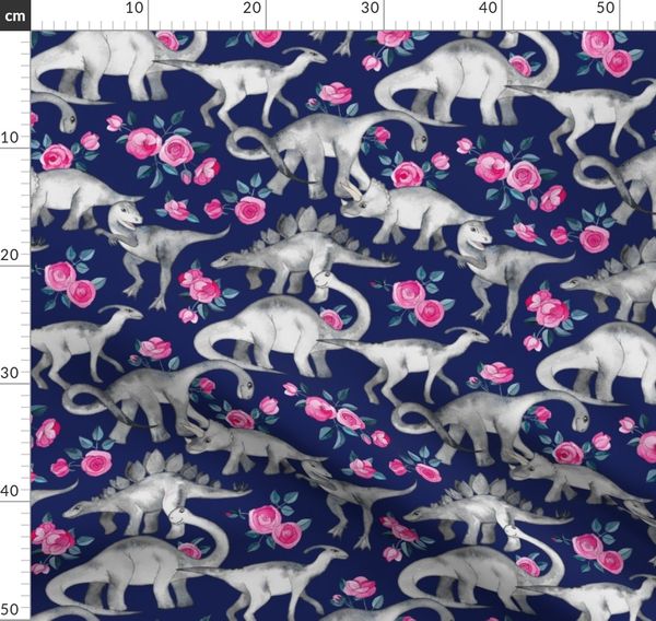 Dinosaurs Roses Dark Blue Purple Watercolor Floral Dinos Triceratops Girly Bright Pink Cute Animal by Spoonflower