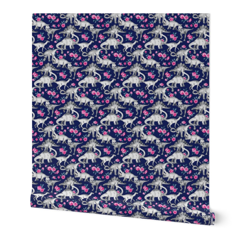 Tiny Dinosaurs and Roses on Dark Blue Purple