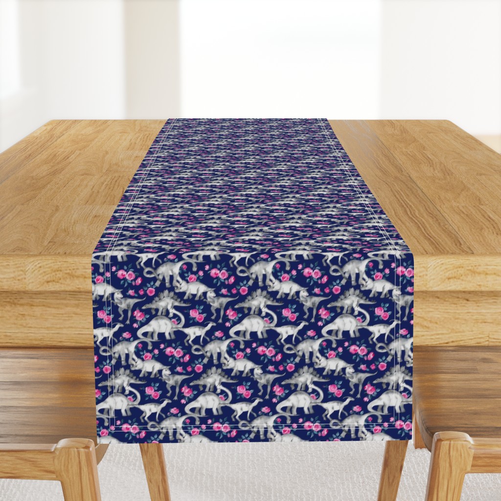 Tiny Dinosaurs and Roses on Dark Blue Purple