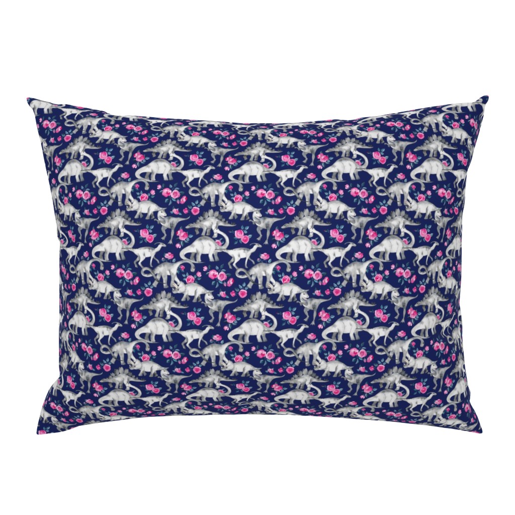 Tiny Dinosaurs and Roses on Dark Blue Purple