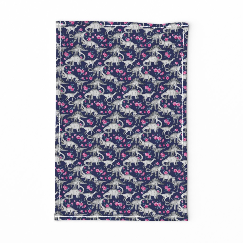 Tiny Dinosaurs and Roses on Dark Blue Purple