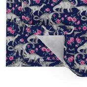 Tiny Dinosaurs and Roses on Dark Blue Purple