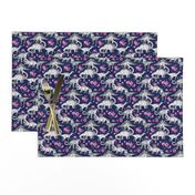 Tiny Dinosaurs and Roses on Dark Blue Purple