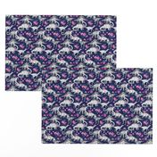 Tiny Dinosaurs and Roses on Dark Blue Purple