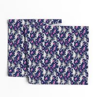 Tiny Dinosaurs and Roses on Dark Blue Purple