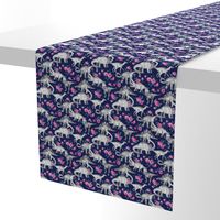 Tiny Dinosaurs and Roses on Dark Blue Purple