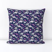 Tiny Dinosaurs and Roses on Dark Blue Purple