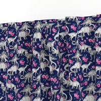 Tiny Dinosaurs and Roses on Dark Blue Purple