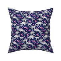 Tiny Dinosaurs and Roses on Dark Blue Purple