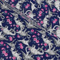 Tiny Dinosaurs and Roses on Dark Blue Purple