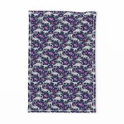 Tiny Dinosaurs and Roses on Dark Blue Purple