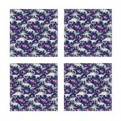 Tiny Dinosaurs and Roses on Dark Blue Purple