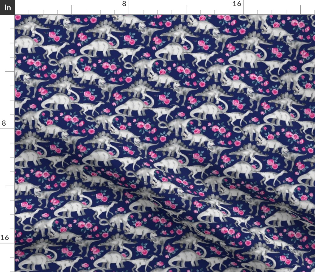 Tiny Dinosaurs and Roses on Dark Blue Purple