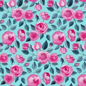 Pink Watercolor Roses on Turquoise Blue