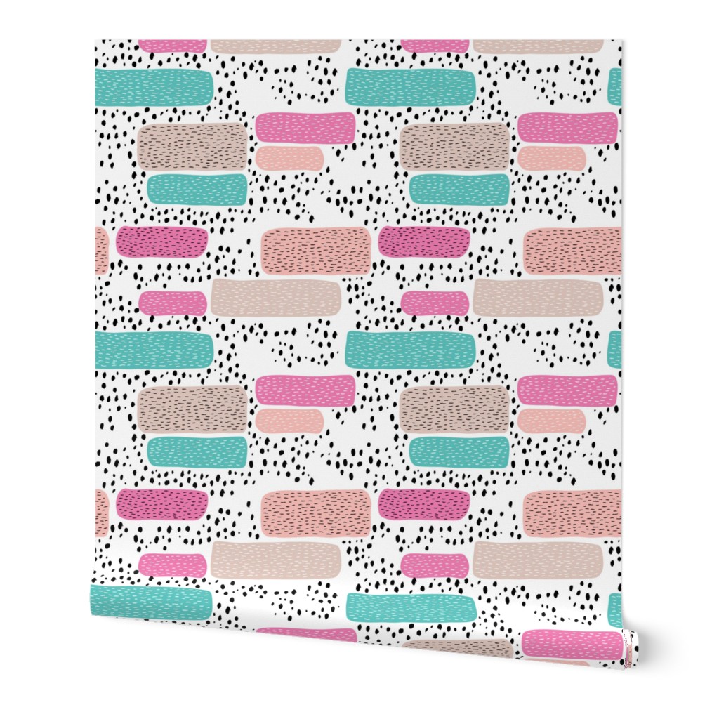 Geometric abstract dots and stripes colorful memphis style design pink blue