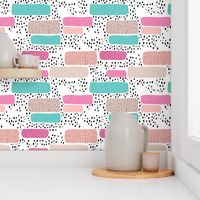 Geometric abstract dots and stripes colorful memphis style design pink blue