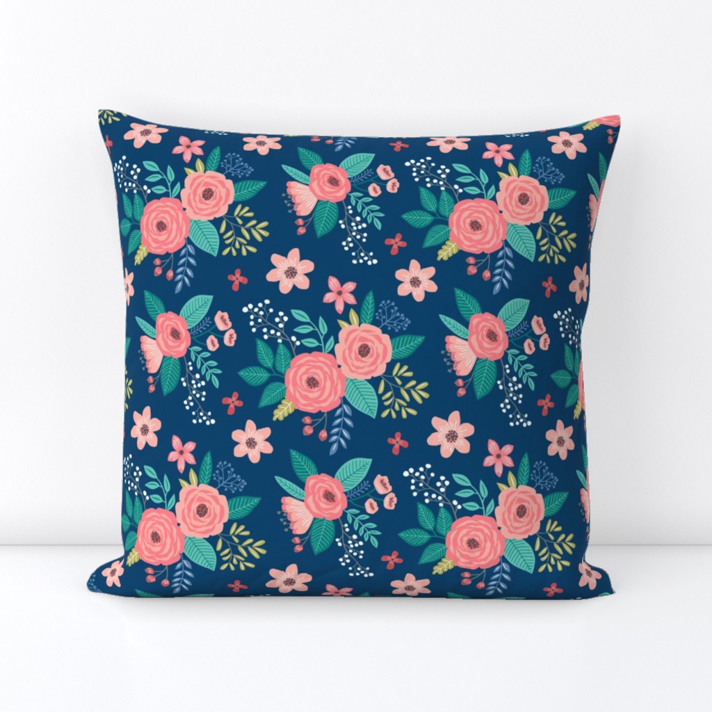 Vintage Antique Floral Flowers on Navy Blue