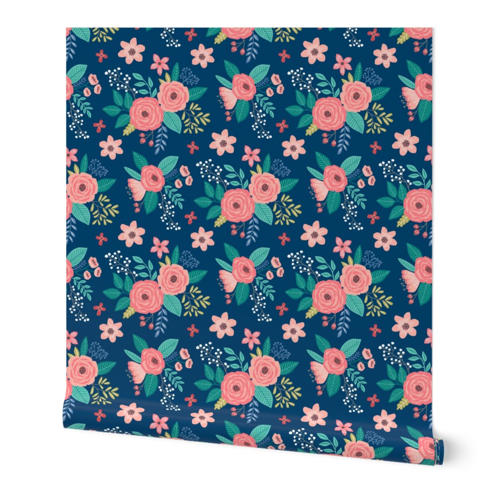 Vintage Antique Floral Flowers on Navy Blue