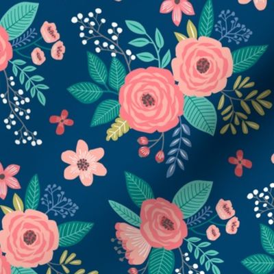 Vintage Antique Floral Flowers on Navy Blue