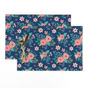 Vintage Antique Floral Flowers on Navy Blue