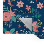 Vintage Antique Floral Flowers on Navy Blue