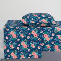 Vintage Antique Floral Flowers on Navy Blue