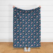 Vintage Antique Floral Flowers on Navy Blue