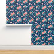 Vintage Antique Floral Flowers on Navy Blue