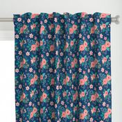 Vintage Antique Floral Flowers on Navy Blue