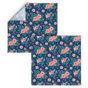 Vintage Antique Floral Flowers on Navy Blue