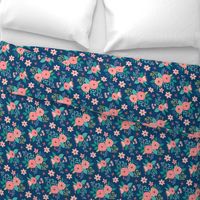 Vintage Antique Floral Flowers on Navy Blue