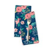 Vintage Antique Floral Flowers on Navy Blue