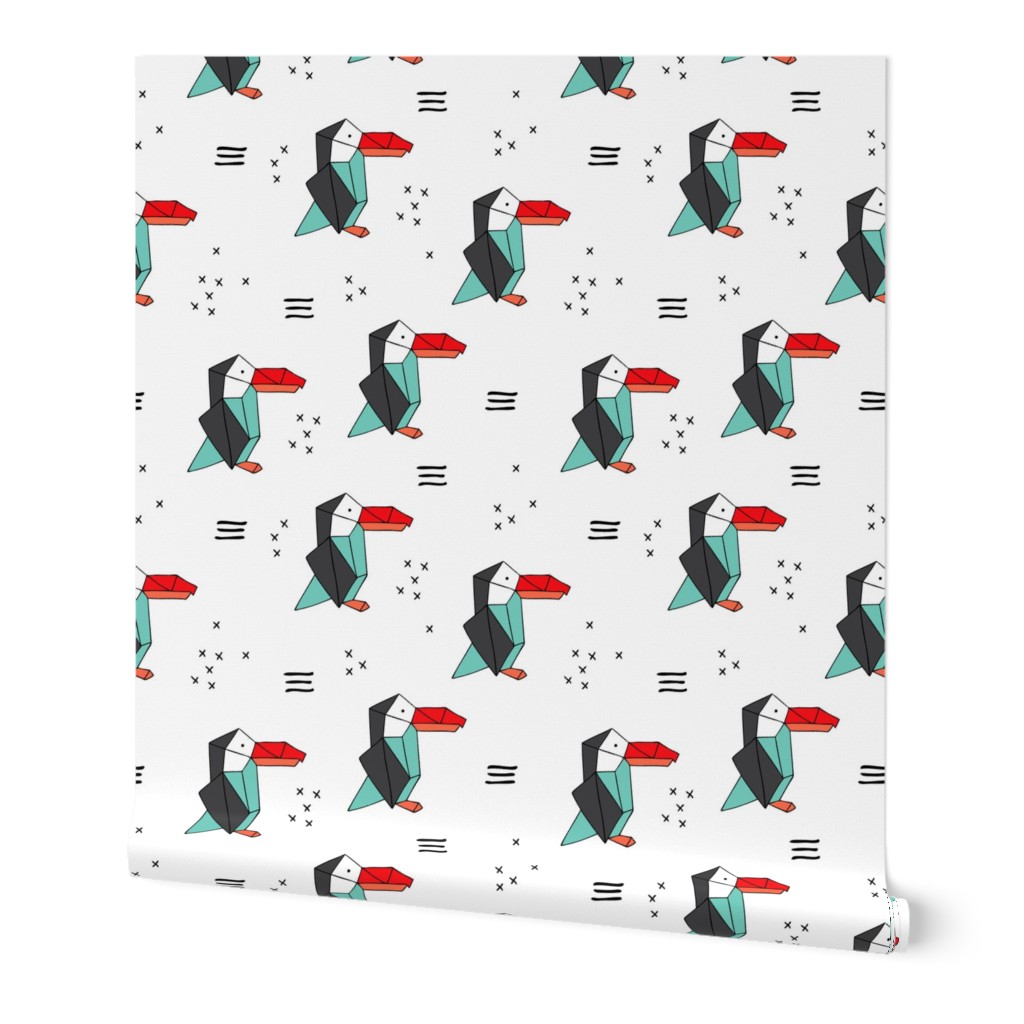 Origami paper art Puffin toucan parrot penguin birds geometric cross print gender neutral mint red