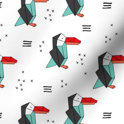 Origami paper art Puffin toucan parrot penguin birds geometric cross print gender neutral mint red