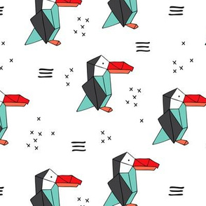 Origami paper art Puffin toucan parrot penguin birds geometric cross print gender neutral mint red