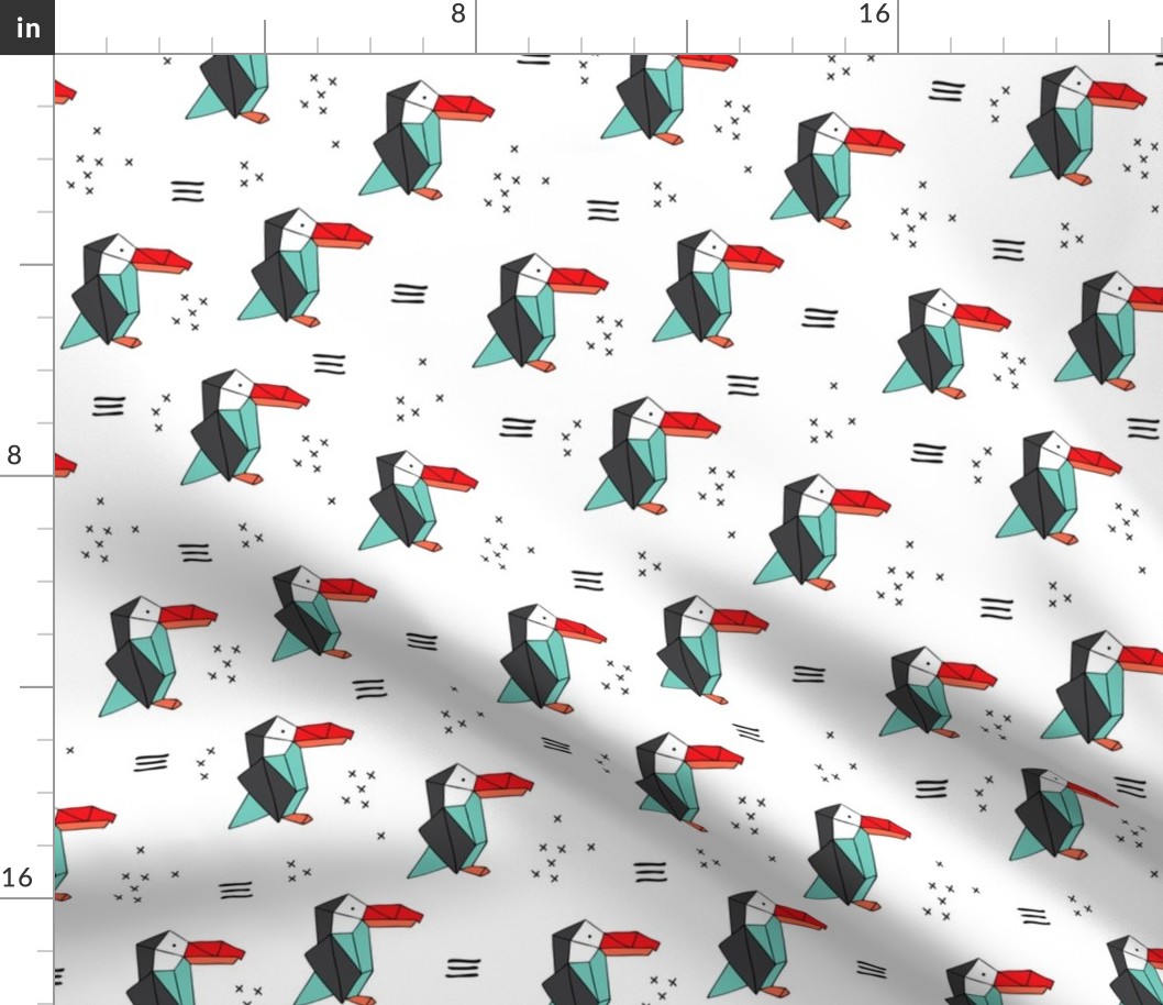 Origami paper art Puffin toucan parrot penguin birds geometric cross print gender neutral mint red