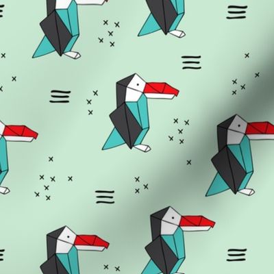 Origami paper art toucan parrot penguin birds geometric cross print gender neutral mint
